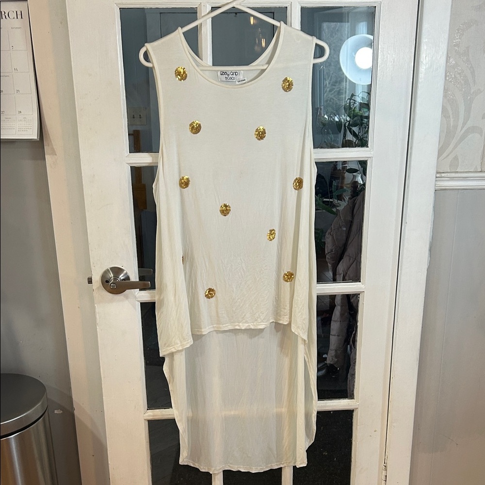 Sleeveless White High-Low Dress with Gold Sequin Dots